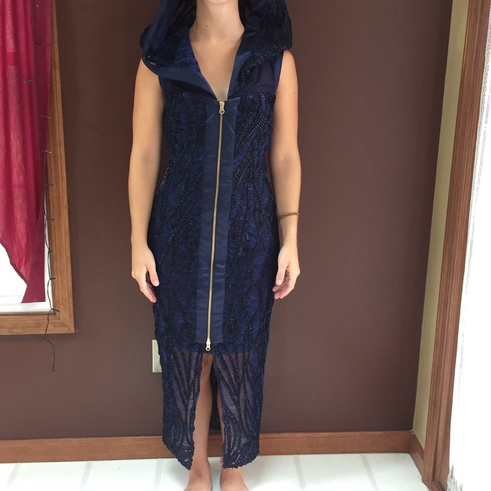 Blue Lace hooded Ankle length Dress